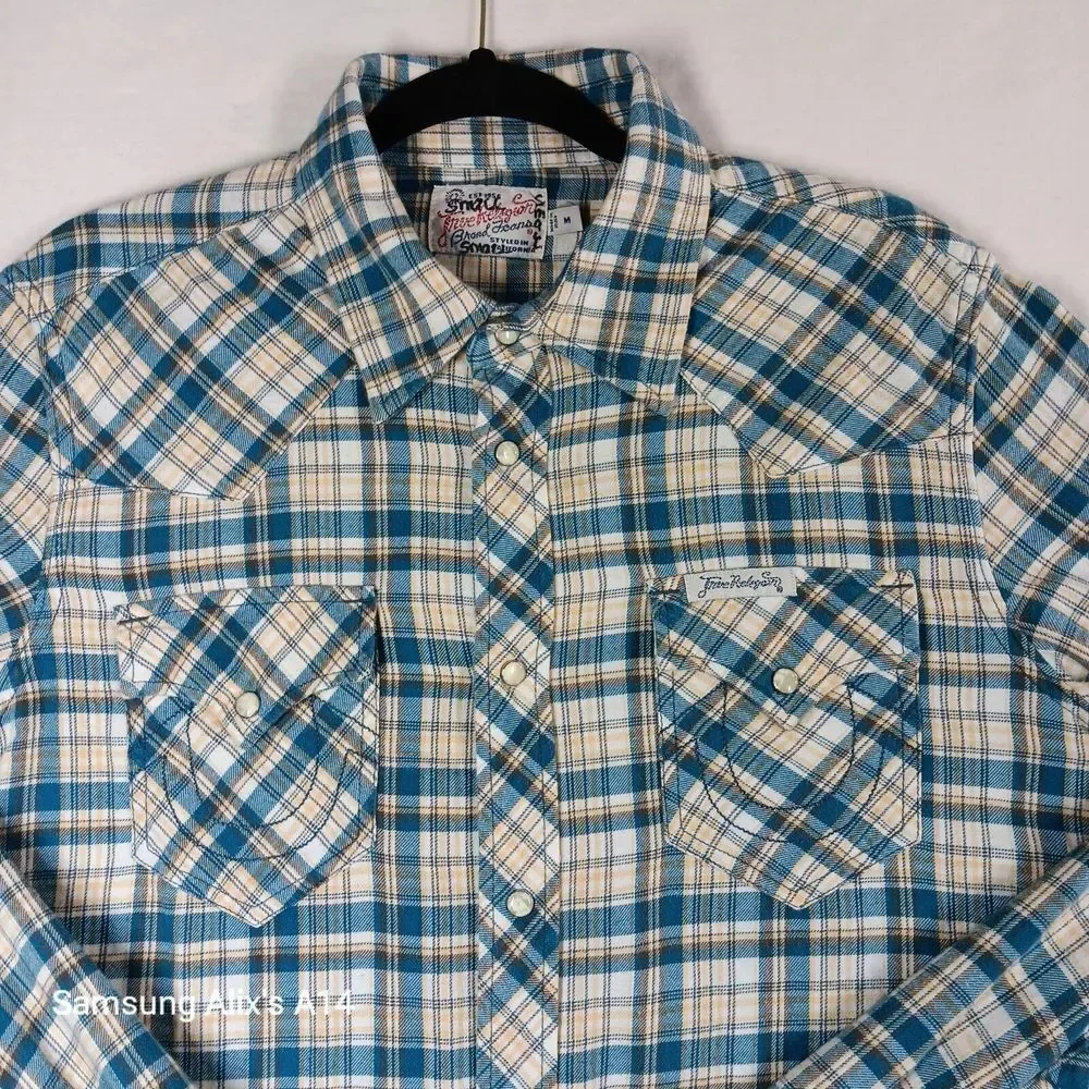 True Religion Men's Western‎ Pearl Snap Plaid Long Sleeve Shirt Horseshoe Medium